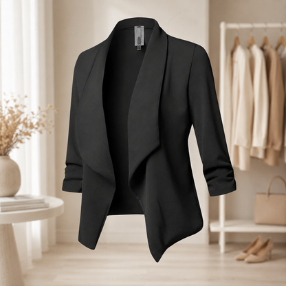 Women's Soft Textured Black Blazer – Open Front with Three-Quarter Sleeves