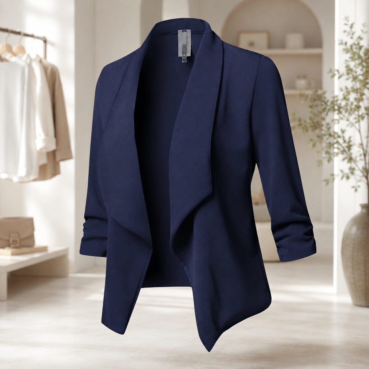 Women's Soft Textured Black Blazer – Open Front with Three-Quarter Sleeves