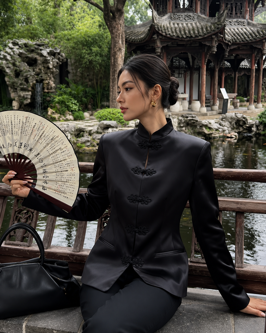 Women's Satin Blazer – Mandarin Collar with Frog Closure