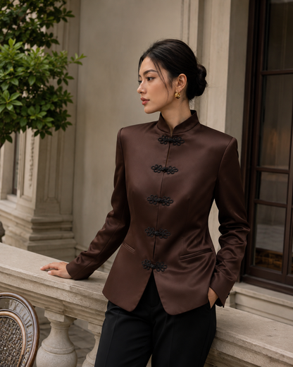 Women's Satin Blazer – Mandarin Collar with Frog Closure