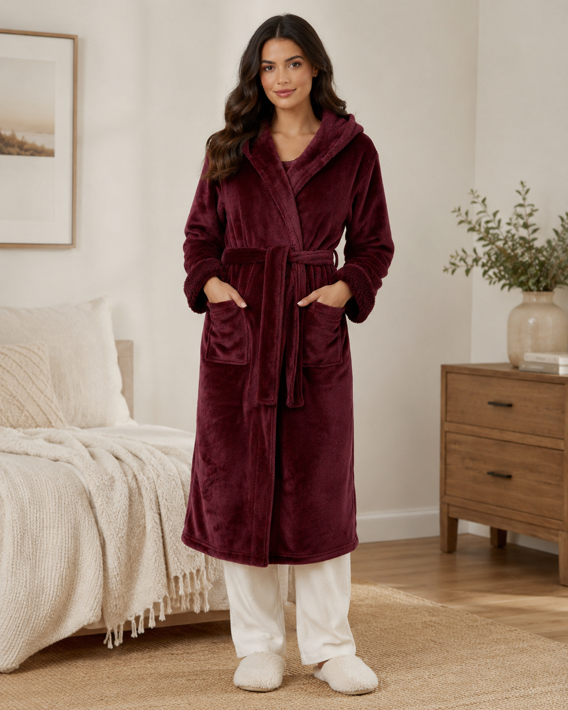 Women's Long Hooded Bathrobe – Ultra-Soft Plush Fabric, Relaxed Fit