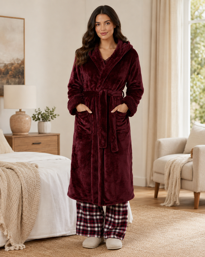 Women's Long Hooded Bathrobe – Ultra-Soft Plush Fabric, Relaxed Fit