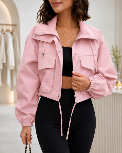 Women's Lightweight Cropped Anorak Jacket – Zip Up with Utility Pockets – Oversized Fit
