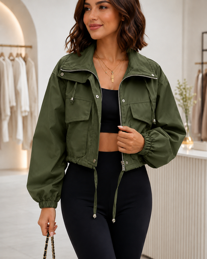 Women's Lightweight Cropped Anorak Jacket – Zip Up with Utility Pockets – Oversized Fit