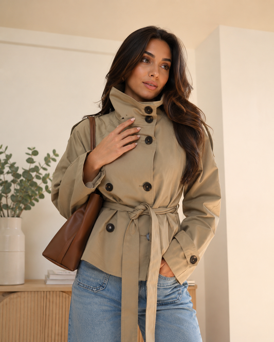 Women's Short Trench Coat – Stand Collar, Double Breasted Design