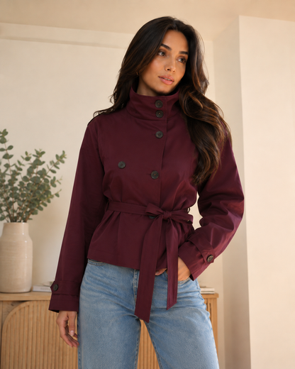 Women's Short Trench Coat – Stand Collar, Double Breasted Design