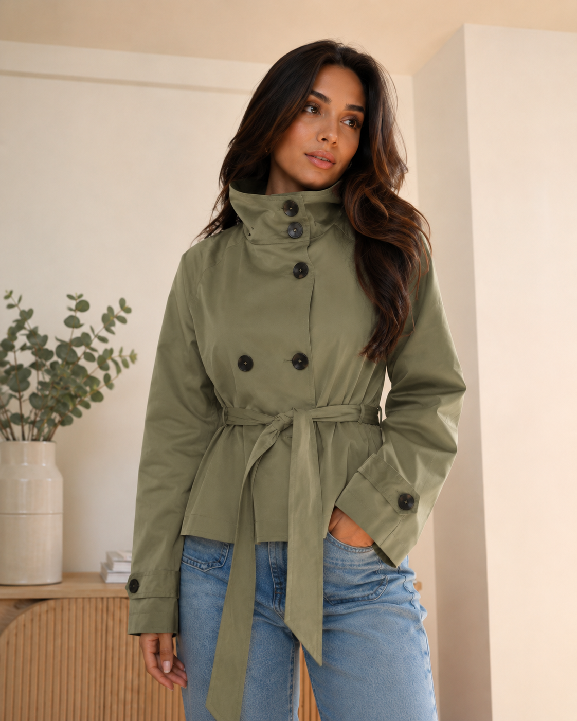 Women's Short Trench Coat – Stand Collar, Double Breasted Design