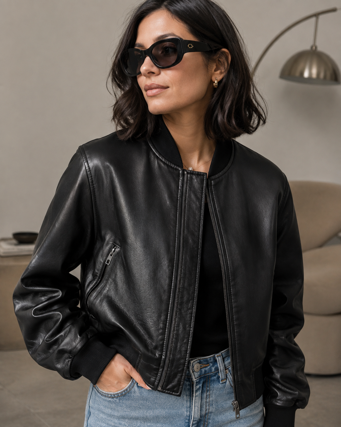 Women's Faux Leather Cropped Bomber Jacket – Long Sleeve, Zip-Up, Bomber Collar