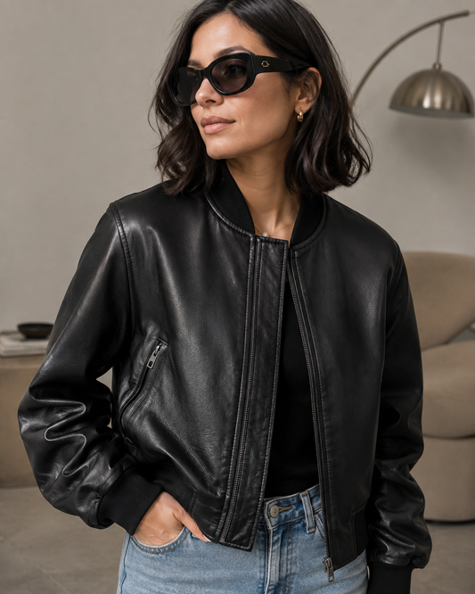 Women's Faux Leather Cropped Bomber Jacket – Long Sleeve, Zip-Up, Bomber Collar