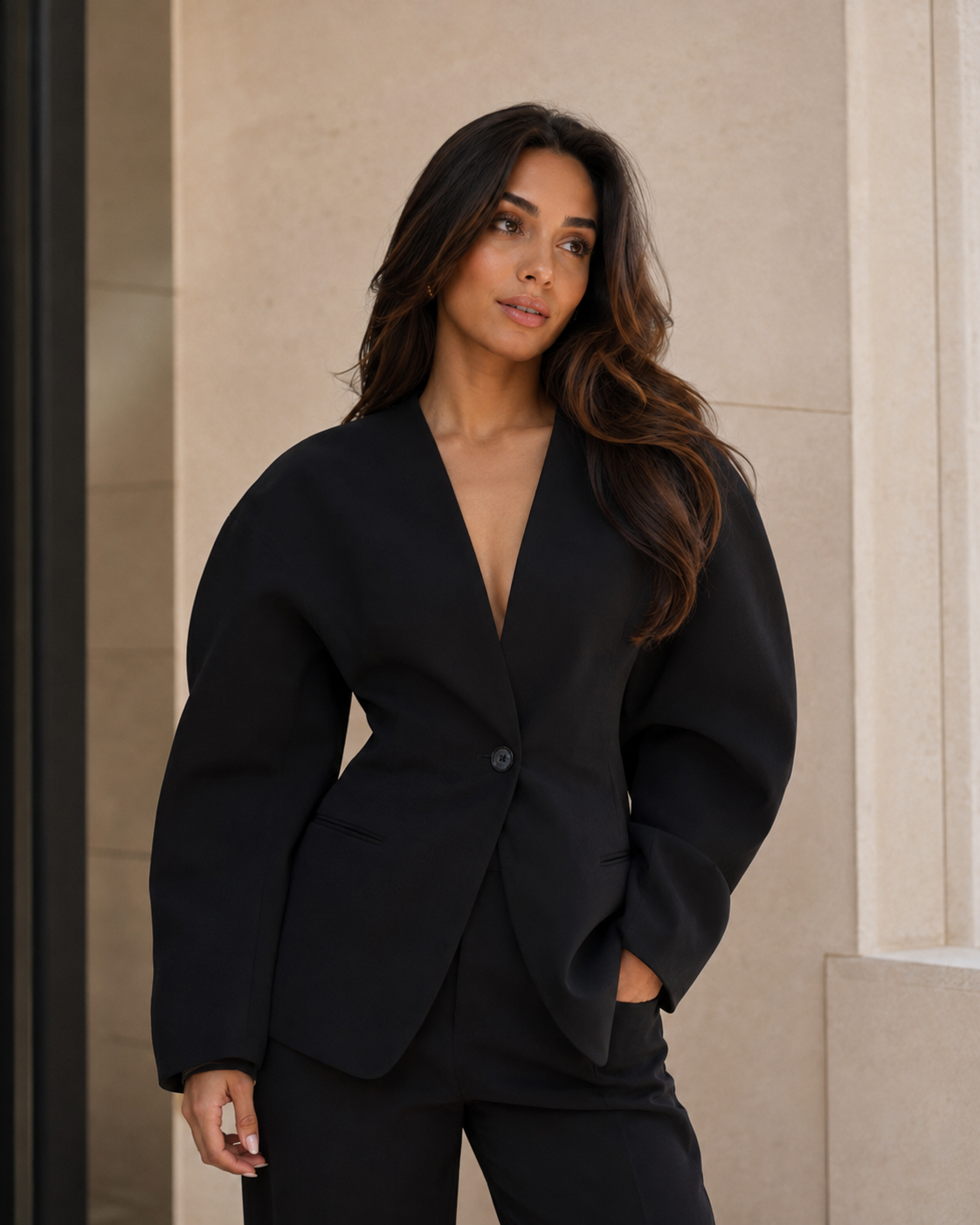 Women's V-Neck Blazer and Wide Leg Pants Suit Set – Single Button Closure, Tailored Fit