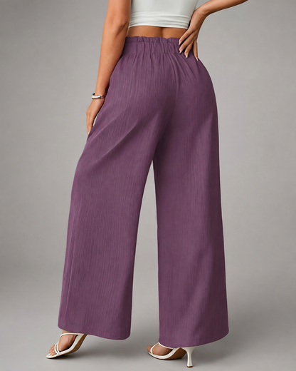 Women's High-Waisted Wide Leg Pants – Textured Crinkle Fabric with Tie-Waist