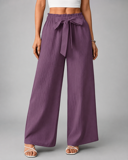 Women's High-Waisted Wide Leg Pants – Textured Crinkle Fabric with Tie-Waist
