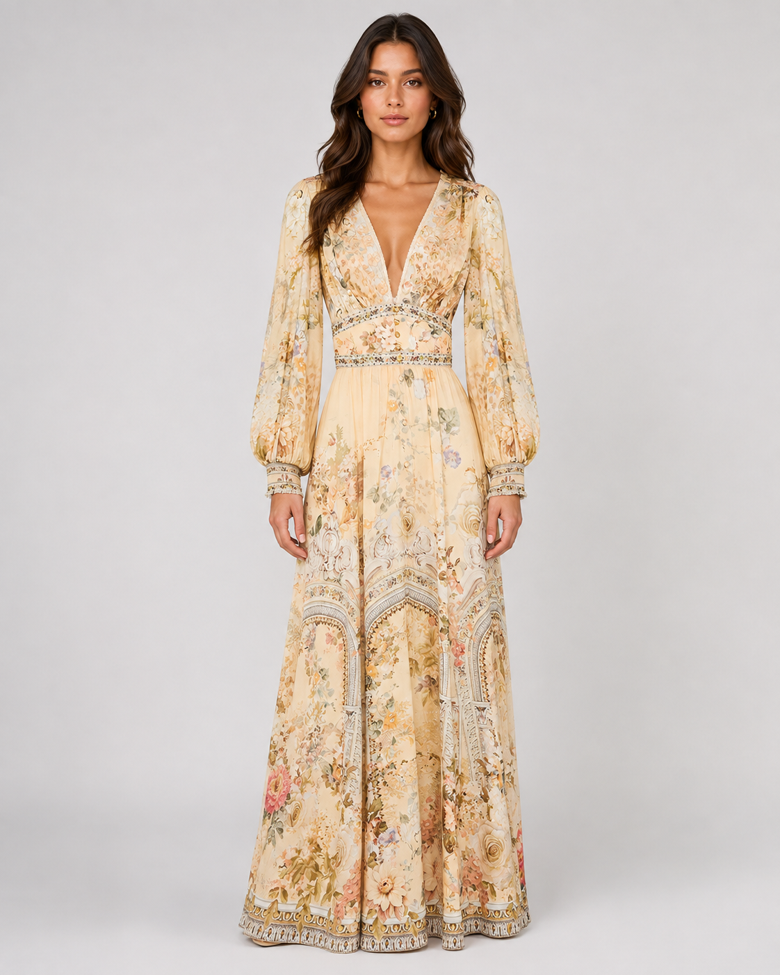 Women's Printed V-Collar Long-Sleeved Summer Top – Waist-Tied Design with Bubble Sleeves