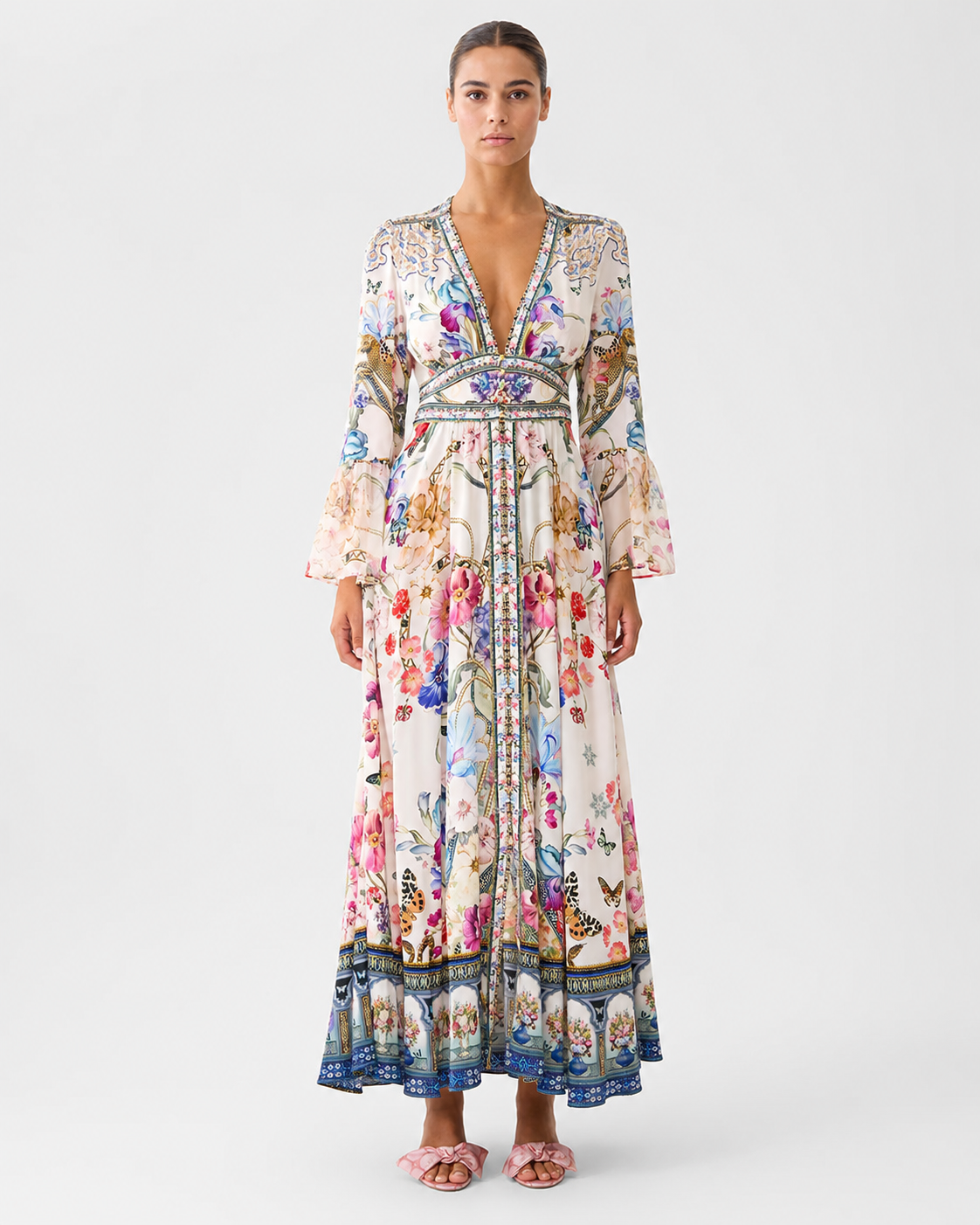 Women's Printed V-Collar Long-Sleeved Summer Top – Waist-Tied Design with Bubble Sleeves