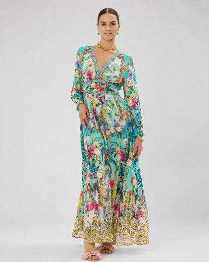 Women's Printed V-Collar Long-Sleeved Summer Top – Waist-Tied Design with Bubble Sleeves