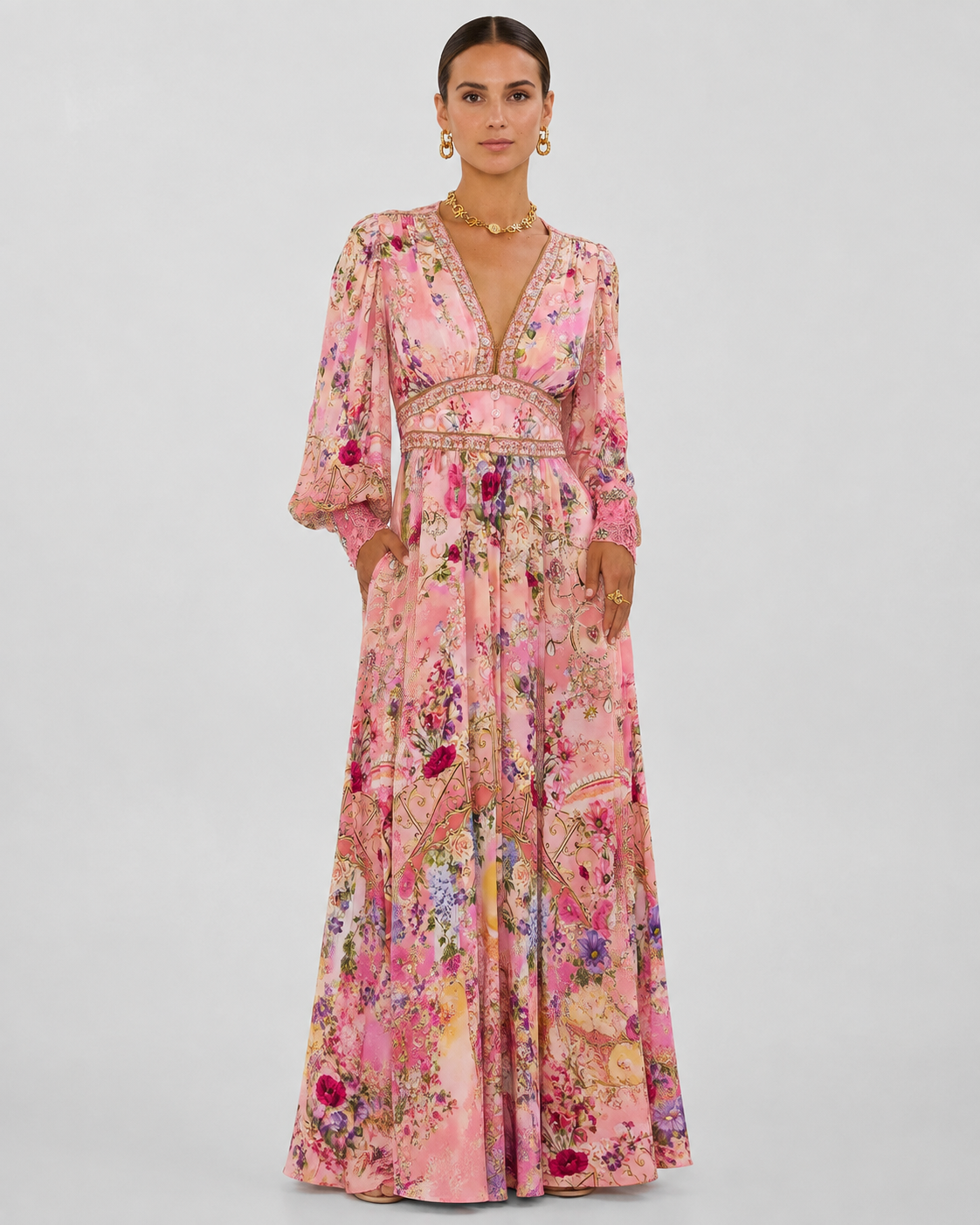 Women's Printed V-Collar Long-Sleeved Summer Top – Waist-Tied Design with Bubble Sleeves