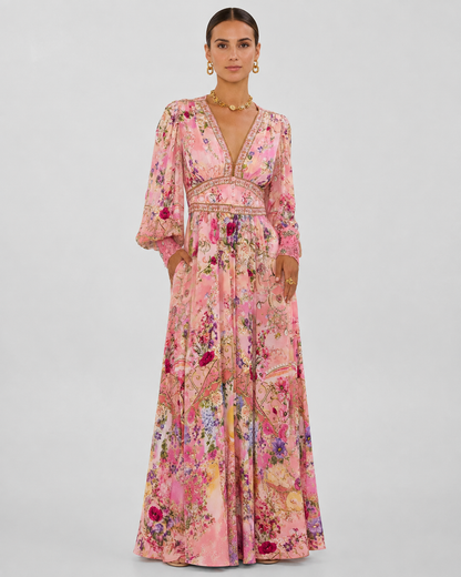 Women's Printed V-Collar Long-Sleeved Summer Top – Waist-Tied Design with Bubble Sleeves