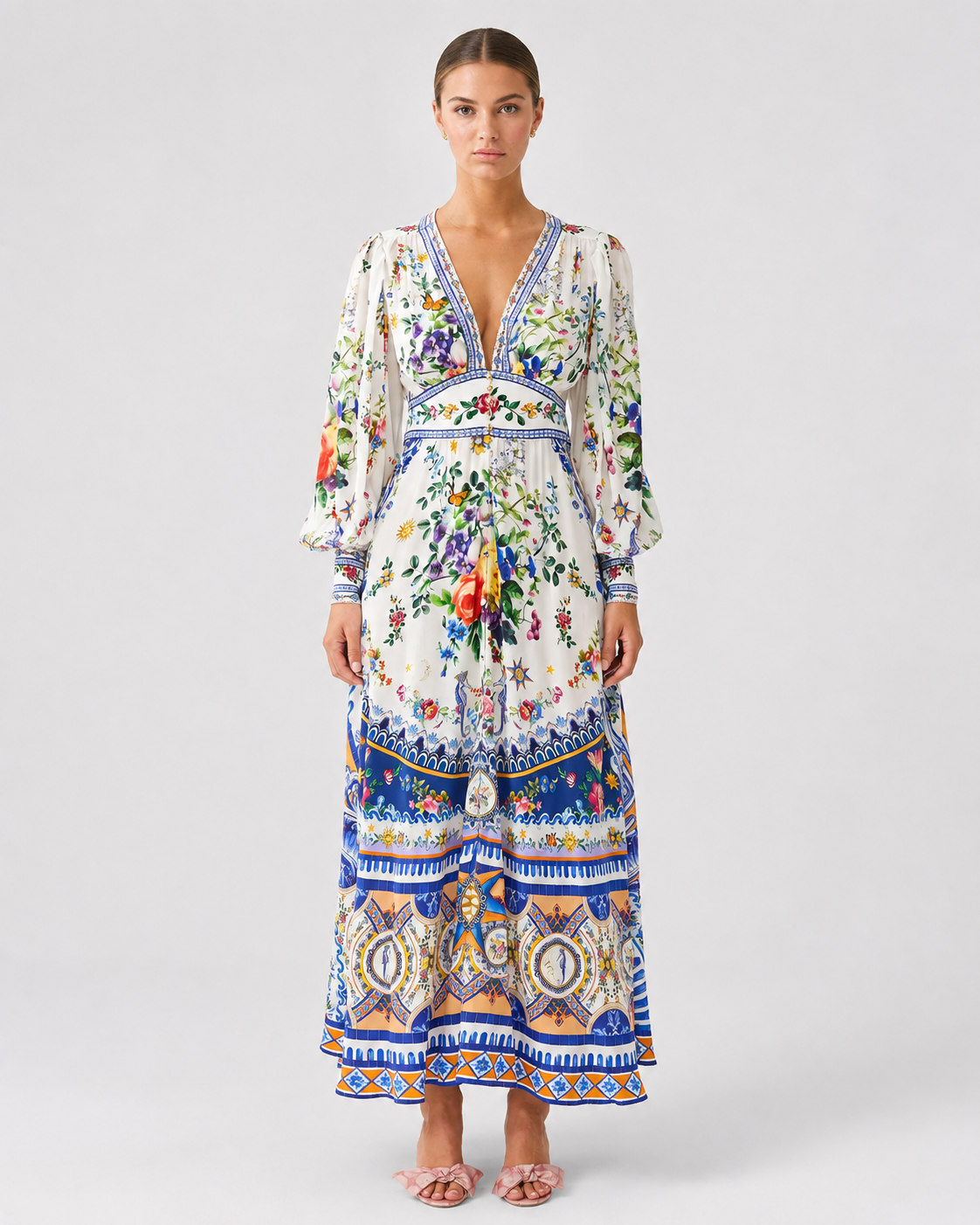 Women's Printed V-Collar Long-Sleeved Summer Top – Waist-Tied Design with Bubble Sleeves
