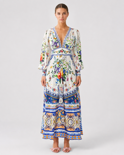 Women's Printed V-Collar Long-Sleeved Summer Top – Waist-Tied Design with Bubble Sleeves