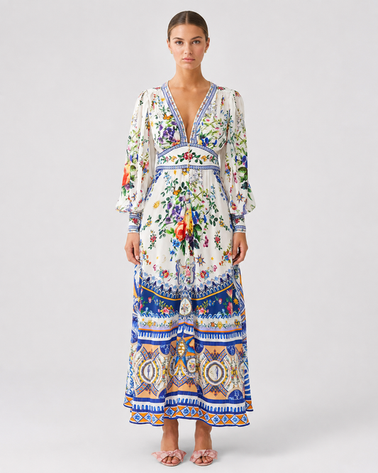 Women's Printed V-Collar Long-Sleeved Summer Top – Waist-Tied Design with Bubble Sleeves