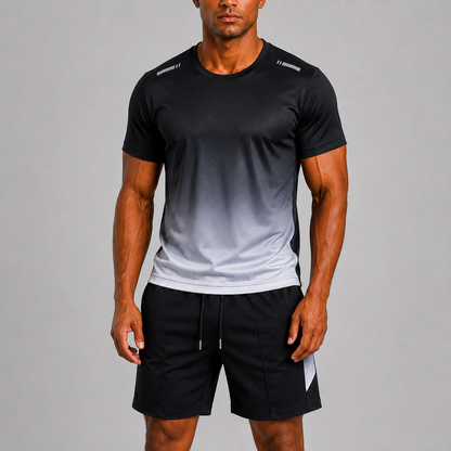 Men's Quick-Dry Sports Set – Short Sleeve T-Shirt with Adjustable Drawstring Waistband and Gradient Print Shorts