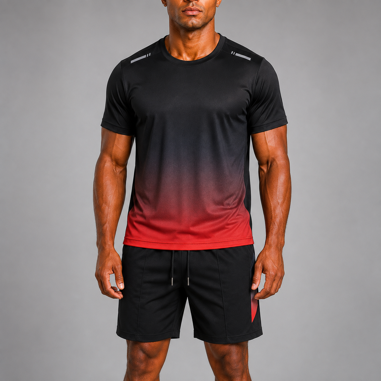 Men's Quick-Dry Sports Set – Short Sleeve T-Shirt with Adjustable Drawstring Waistband and Gradient Print Shorts
