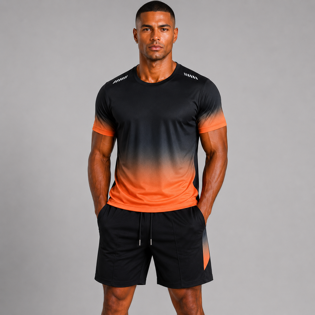 Men's Quick-Dry Sports Set – Short Sleeve T-Shirt with Adjustable Drawstring Waistband and Gradient Print Shorts