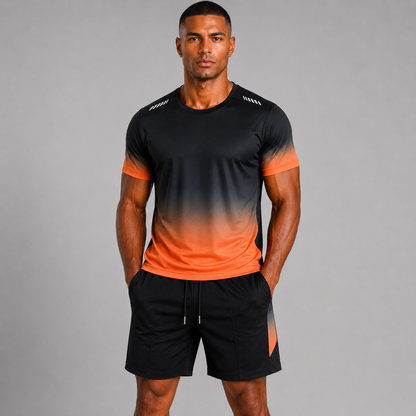 Men's Quick-Dry Sports Set – Short Sleeve T-Shirt with Adjustable Drawstring Waistband and Gradient Print Shorts