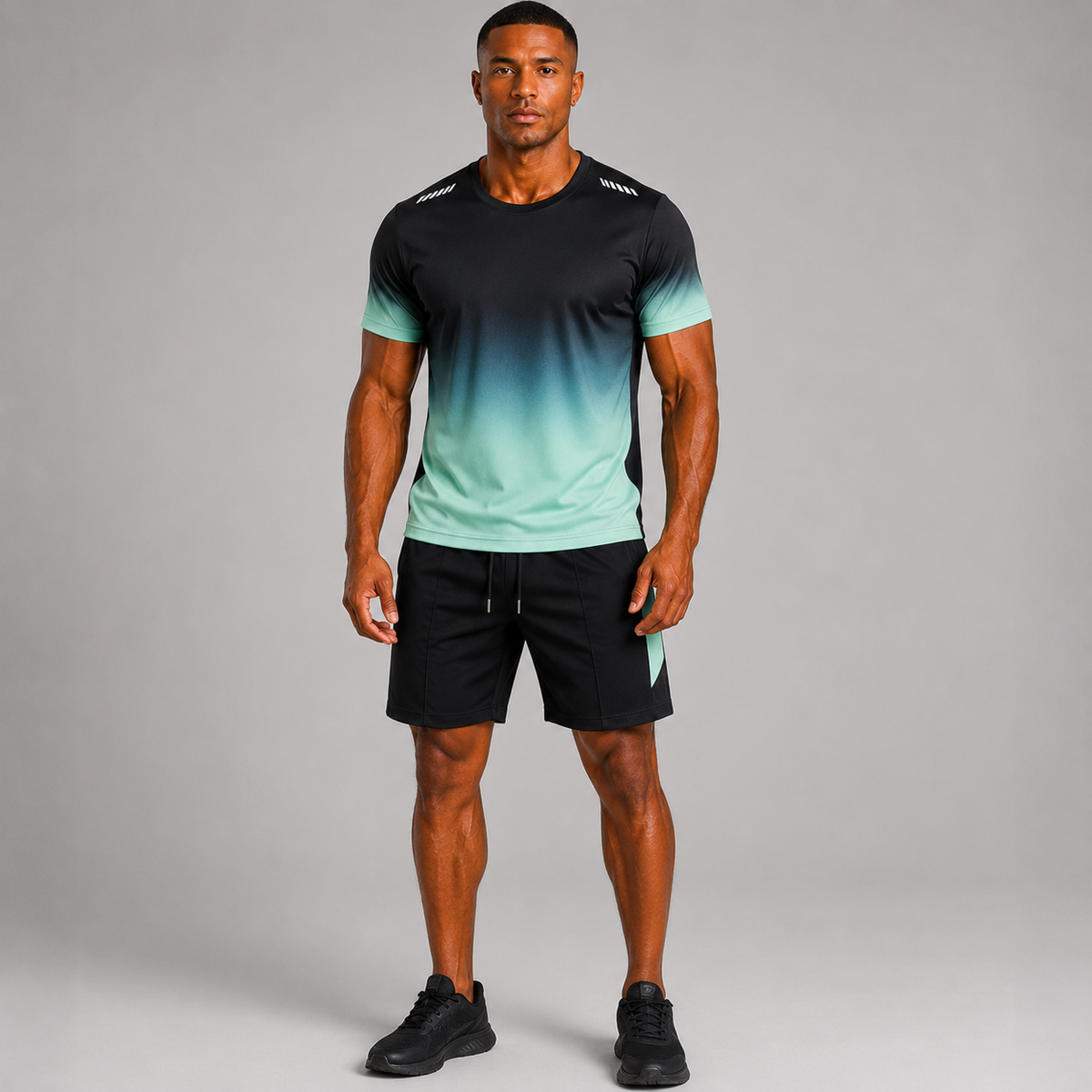 Men's Quick-Dry Sports Set – Short Sleeve T-Shirt with Adjustable Drawstring Waistband and Gradient Print Shorts