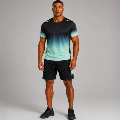 Men's Quick-Dry Sports Set – Short Sleeve T-Shirt with Adjustable Drawstring Waistband and Gradient Print Shorts