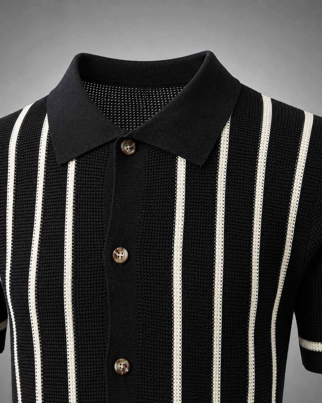 Men's Striped Knit Polo Shirt – Lapel Collar with Button Placket, Regular Fit