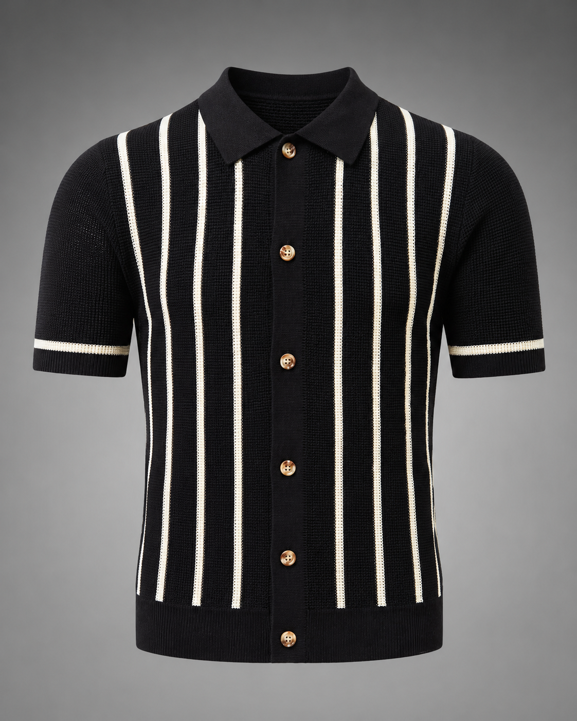 Men's Striped Knit Polo Shirt – Lapel Collar with Button Placket, Regular Fit