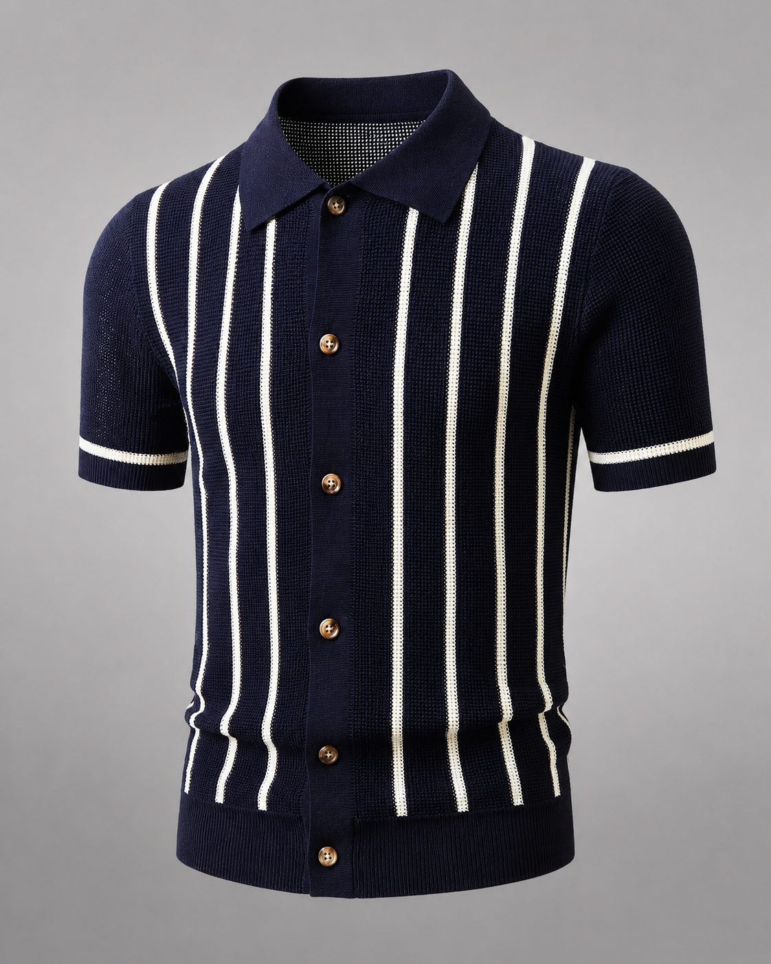 Men's Striped Knit Polo Shirt – Lapel Collar with Button Placket, Regular Fit