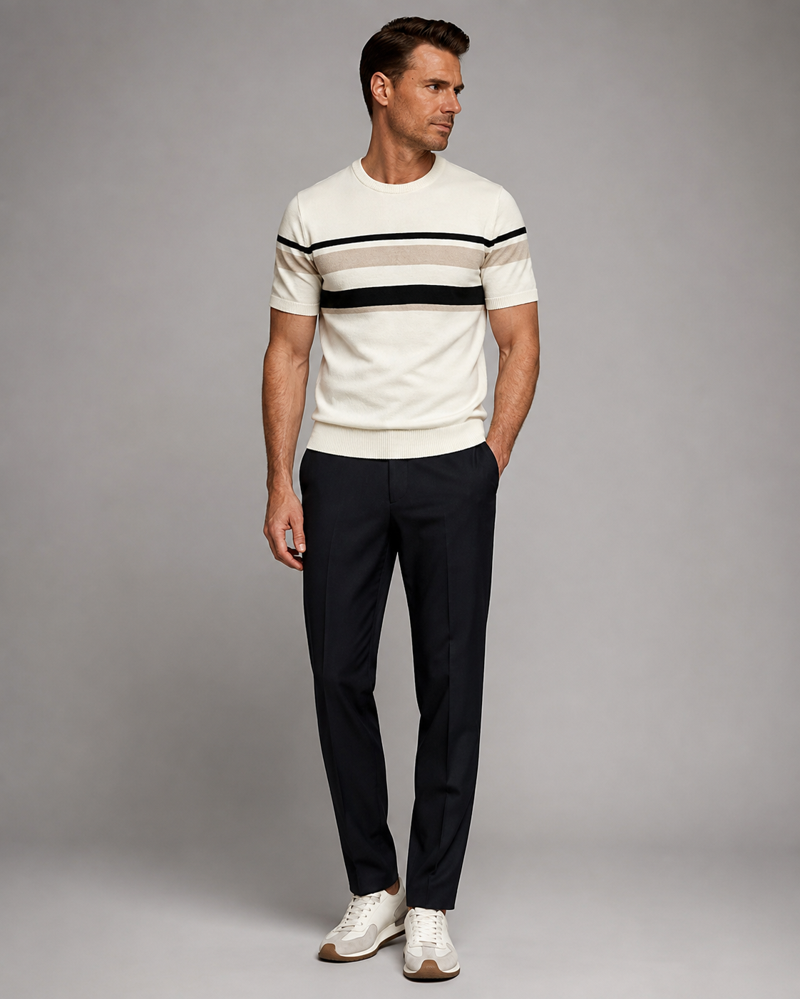 Men's Striped Knit T-Shirt – Crew Neck – Regular Fit with Medium Stretch