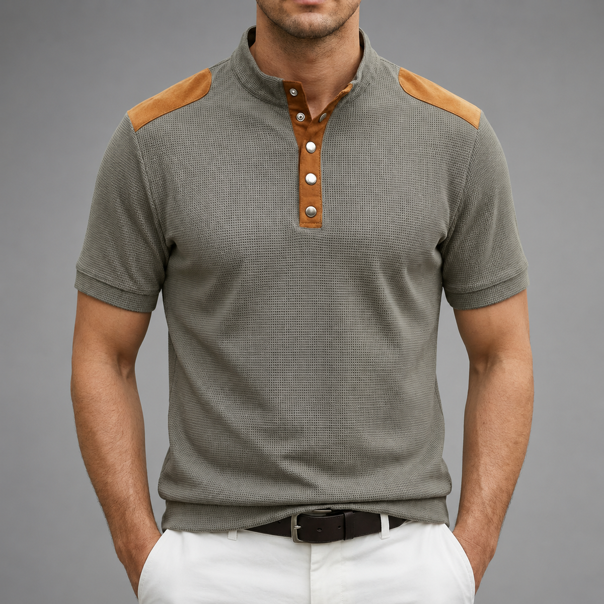 Men's Textured Polyester Henley Shirt – Contrast Shoulder Panels – Regular Fit