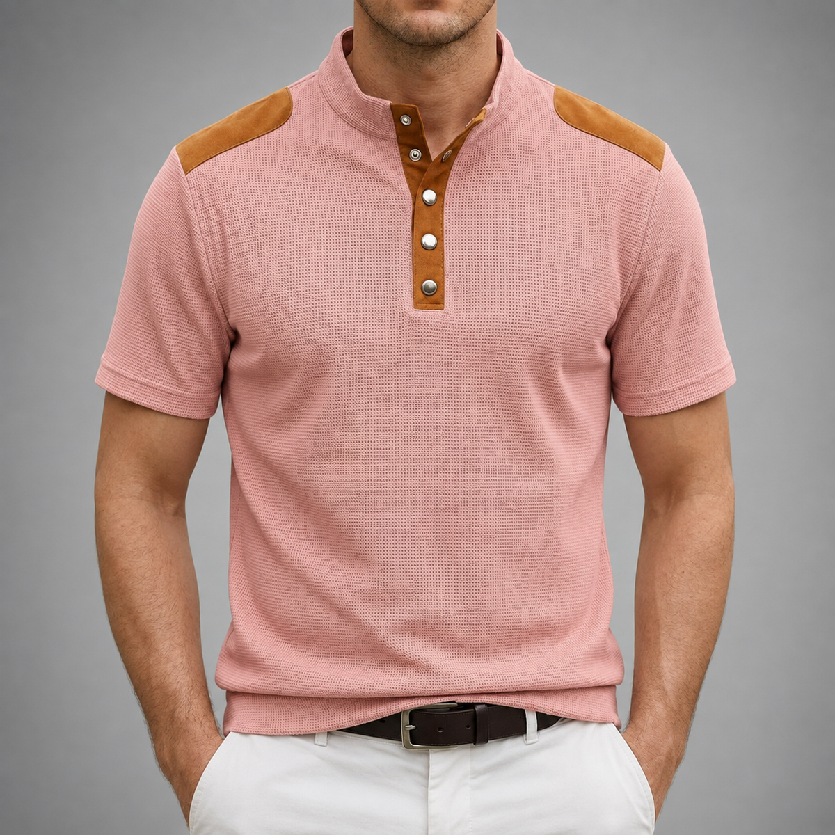 Men's Textured Polyester Henley Shirt – Contrast Shoulder Panels – Regular Fit