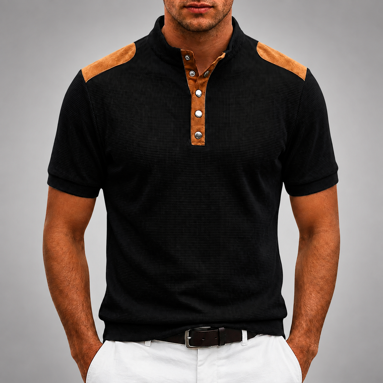 Men's Textured Polyester Henley Shirt – Contrast Shoulder Panels – Regular Fit