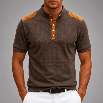 Men's Textured Polyester Henley Shirt – Contrast Shoulder Panels – Regular Fit
