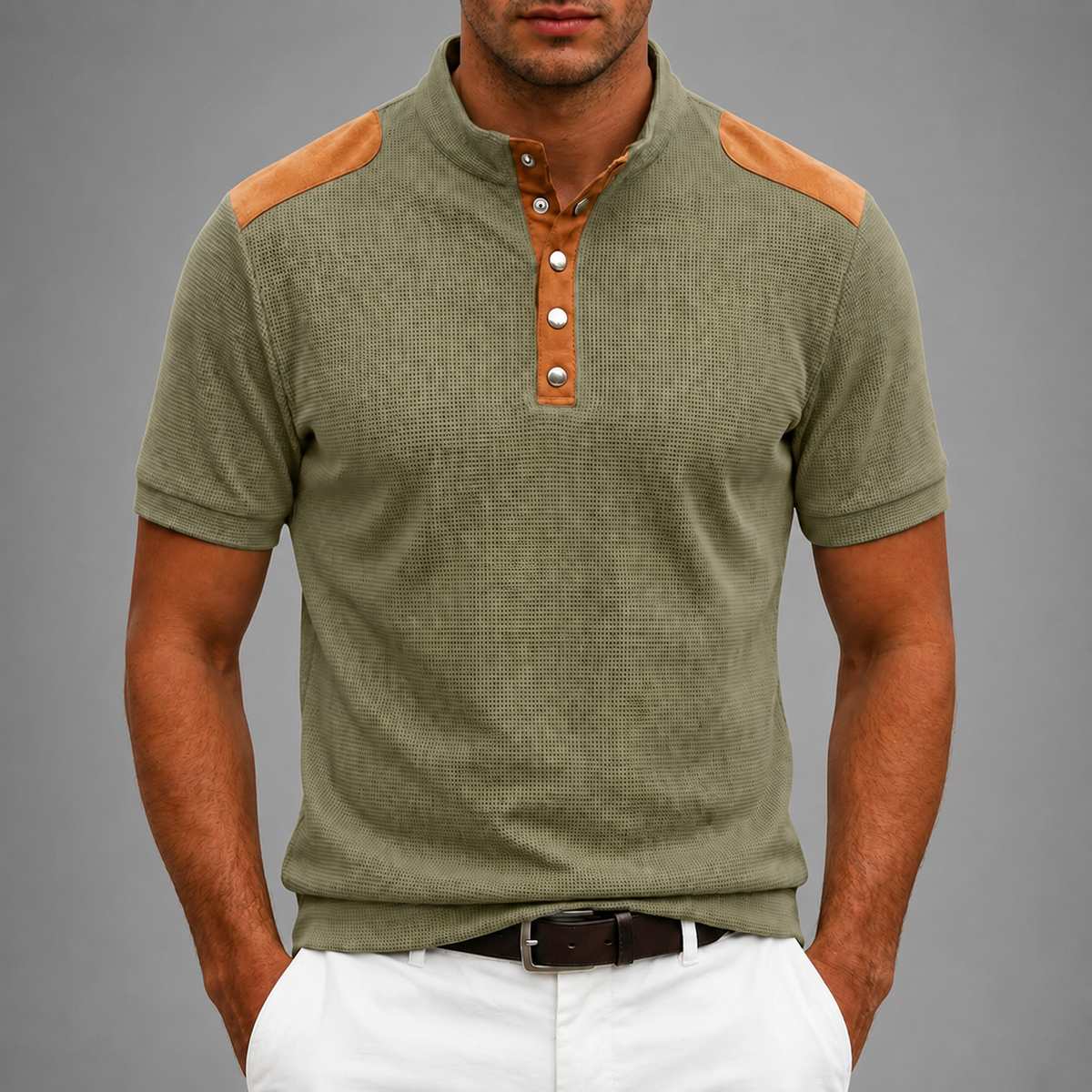 Men's Textured Polyester Henley Shirt – Contrast Shoulder Panels – Regular Fit