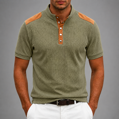 Men's Textured Polyester Henley Shirt – Contrast Shoulder Panels – Regular Fit
