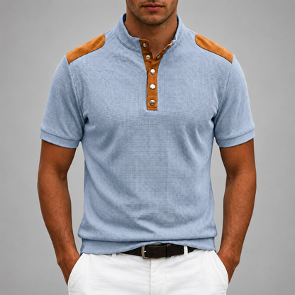 Men's Textured Polyester Henley Shirt – Contrast Shoulder Panels – Regular Fit