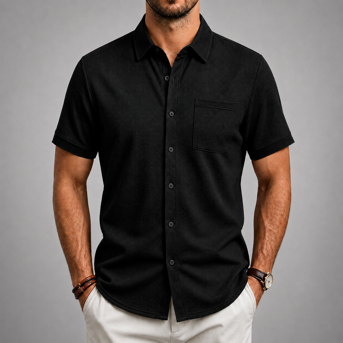 Men's Textured Short Sleeve Button-Up Shirt – Modern Fit with Classic Collar