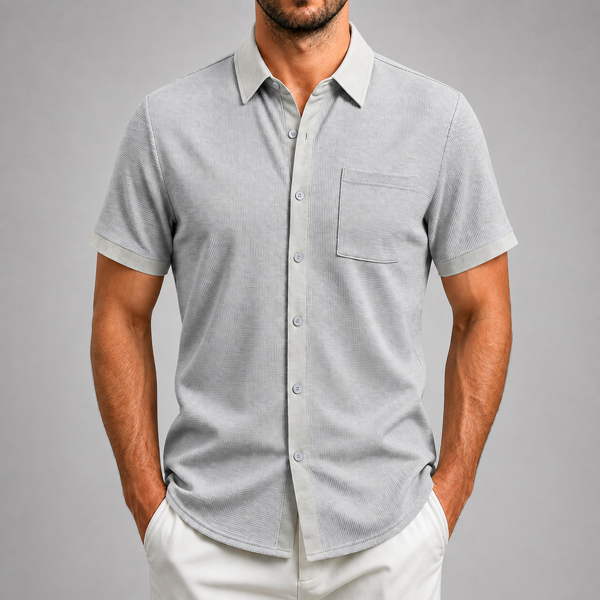 Men's Textured Short Sleeve Button-Up Shirt – Modern Fit with Classic Collar