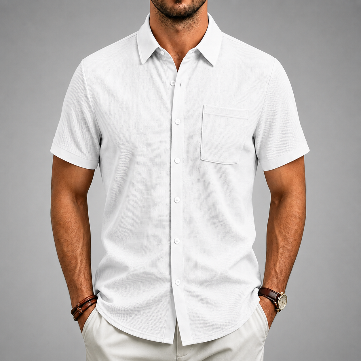 Men's Textured Short Sleeve Button-Up Shirt – Modern Fit with Classic Collar