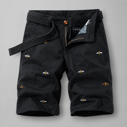 Men's Cotton Shorts – Relaxed Fit with Embroidered Bee Pattern and Woven Belt
