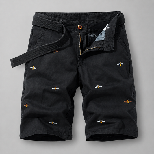 Men's Cotton Shorts – Relaxed Fit with Embroidered Bee Pattern and Woven Belt