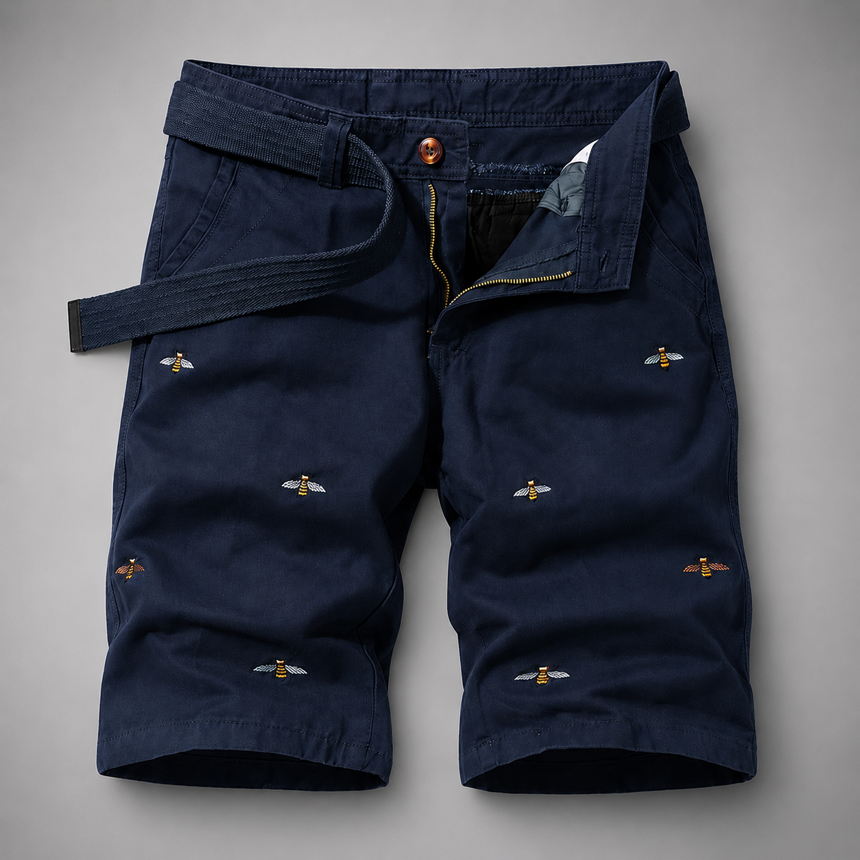 Men's Cotton Shorts – Relaxed Fit with Embroidered Bee Pattern and Woven Belt
