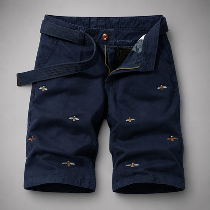 Men's Cotton Shorts – Relaxed Fit with Embroidered Bee Pattern and Woven Belt