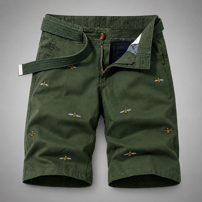 Men's Cotton Shorts – Relaxed Fit with Embroidered Bee Pattern and Woven Belt