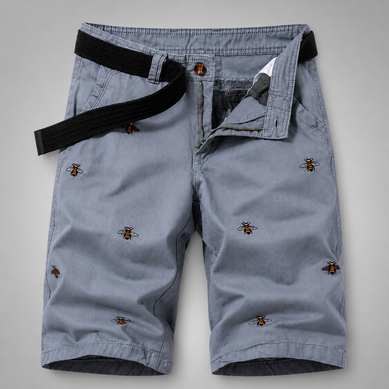 Men's Cotton Shorts – Relaxed Fit with Embroidered Bee Pattern and Woven Belt